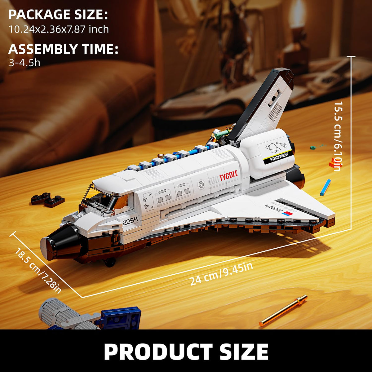 TYCOLE Space Shuttle on display shelf showcases completed model.