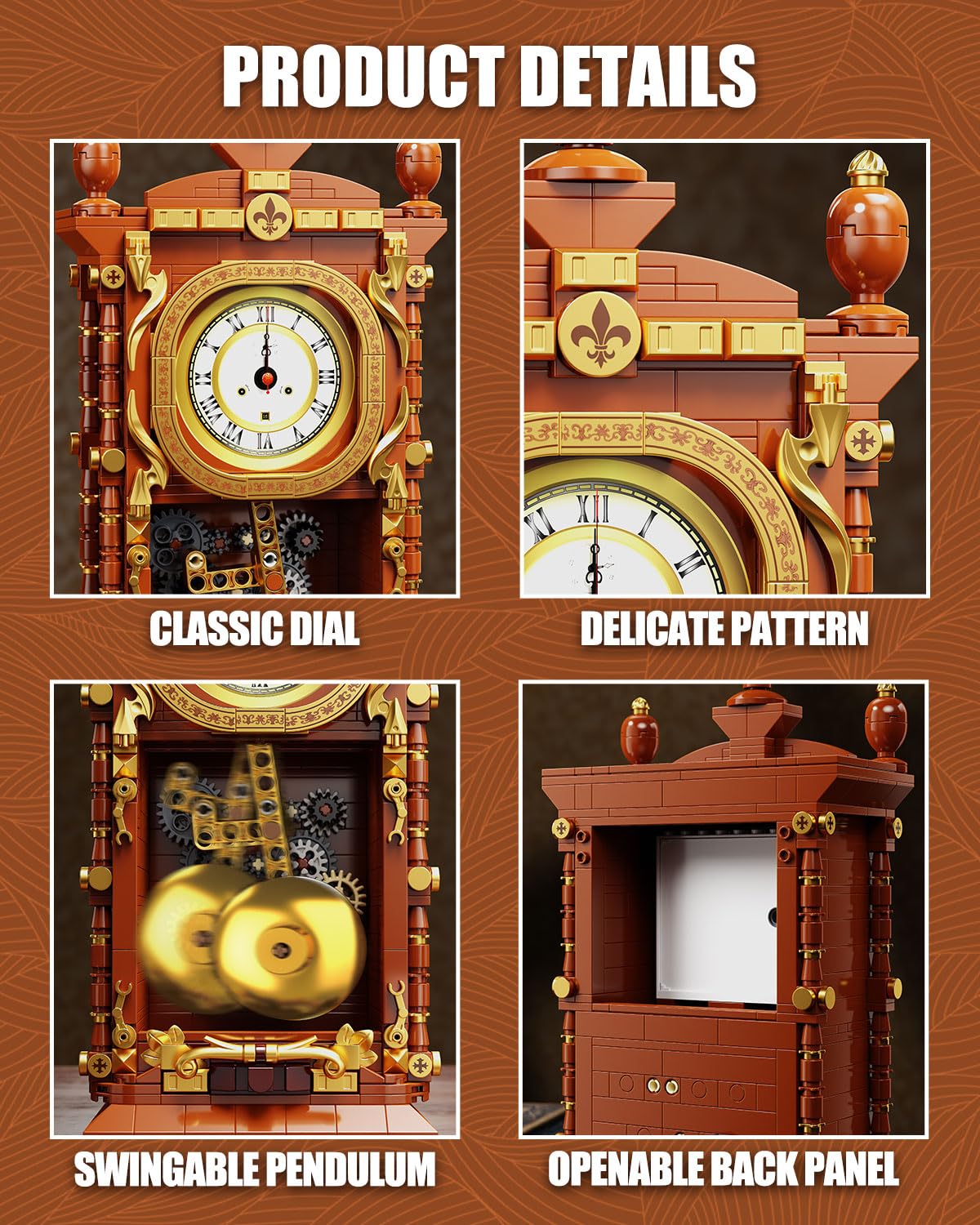 TYCOLE Pendulum clock front gears show synchronized movement.