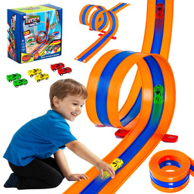 Tyholoo 3-lane track with strong suction cups on tile surfaces for quick play.