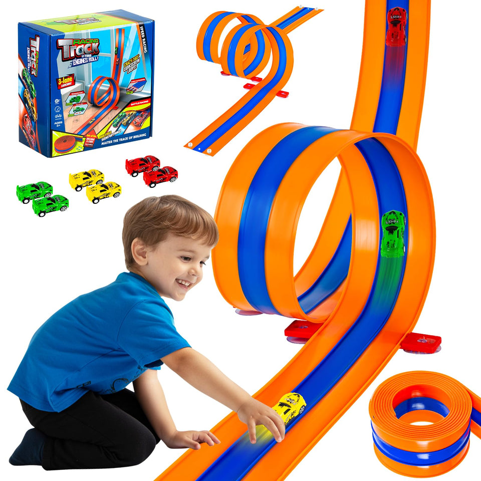 Tyholoo 3-lane track with strong suction cups on tile surfaces for quick play.