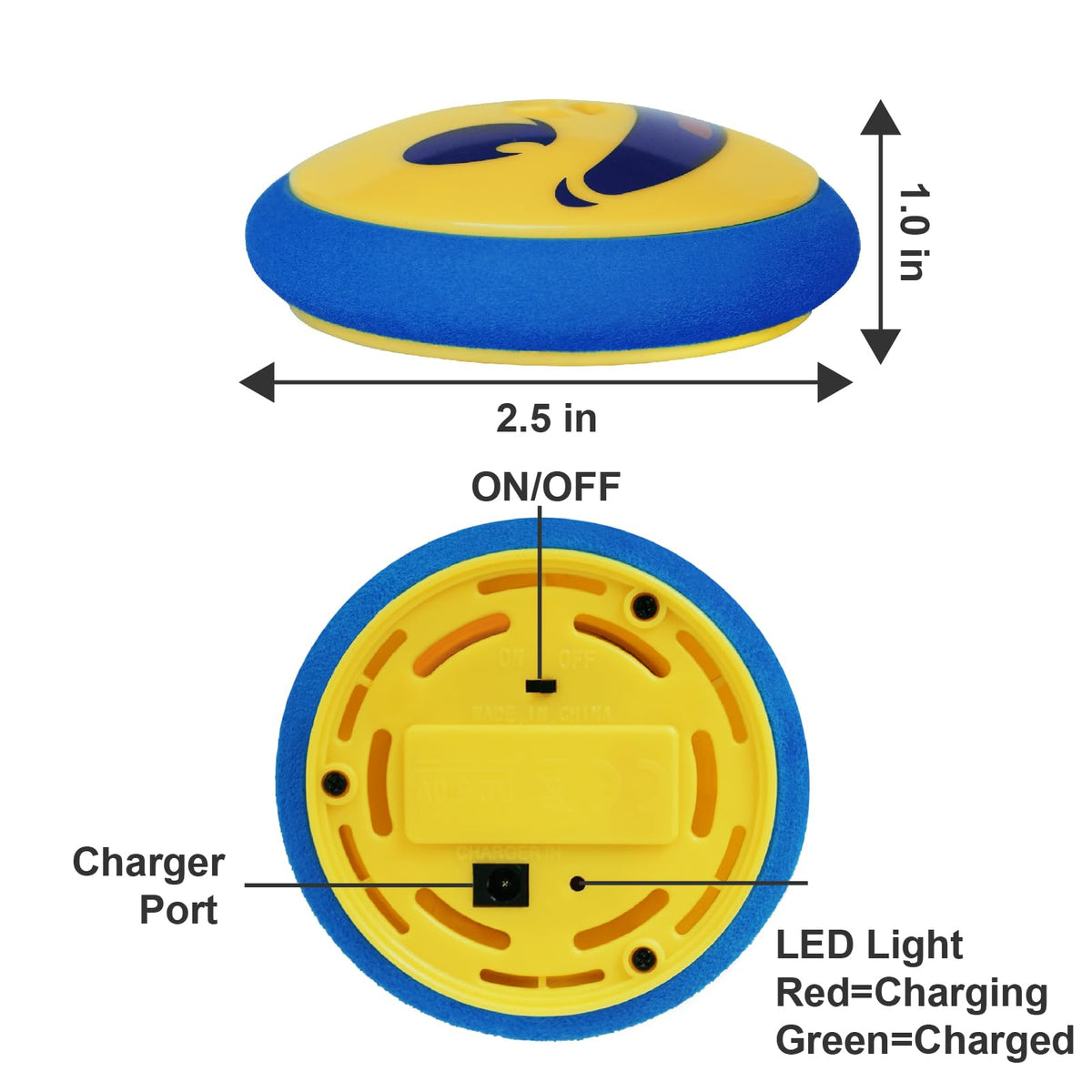 TYRDAN rechargeable air hockey puck top view emphasizes cordless charging convenience.
