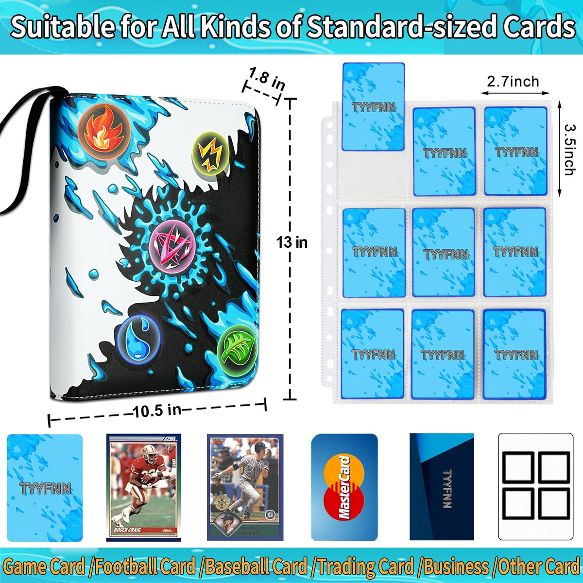 The Tyyfnn 9-pocket binder in waterproof PU leather protects cards.
