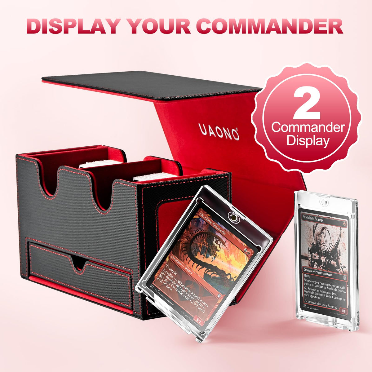 UAONO deck box showing capacity for 400+ unsleeved cards.