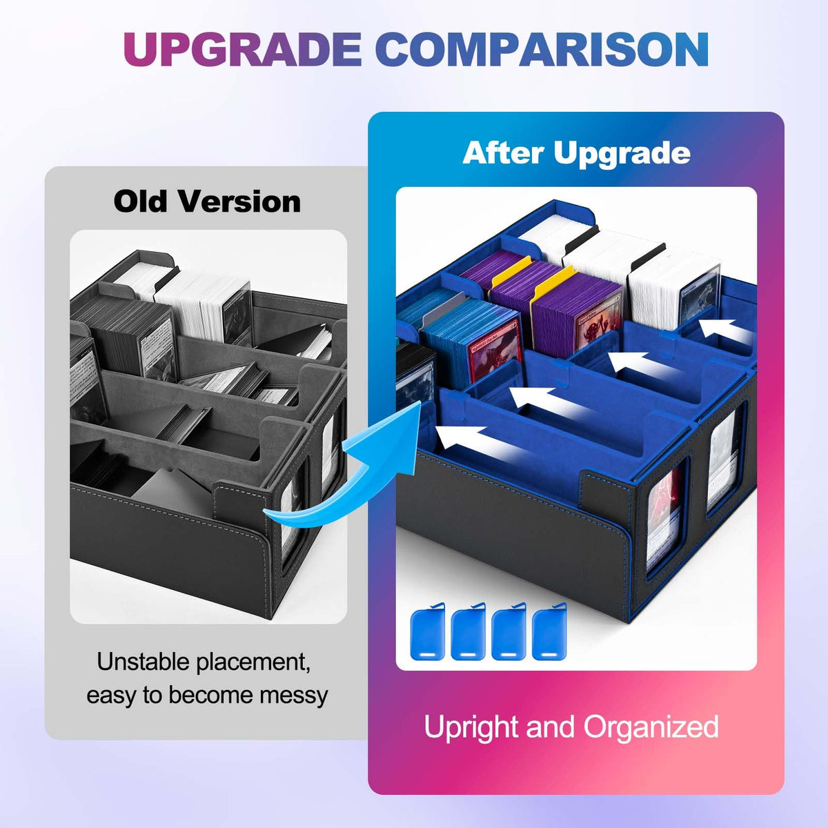 Includes 24 removable dividers to organize card types.