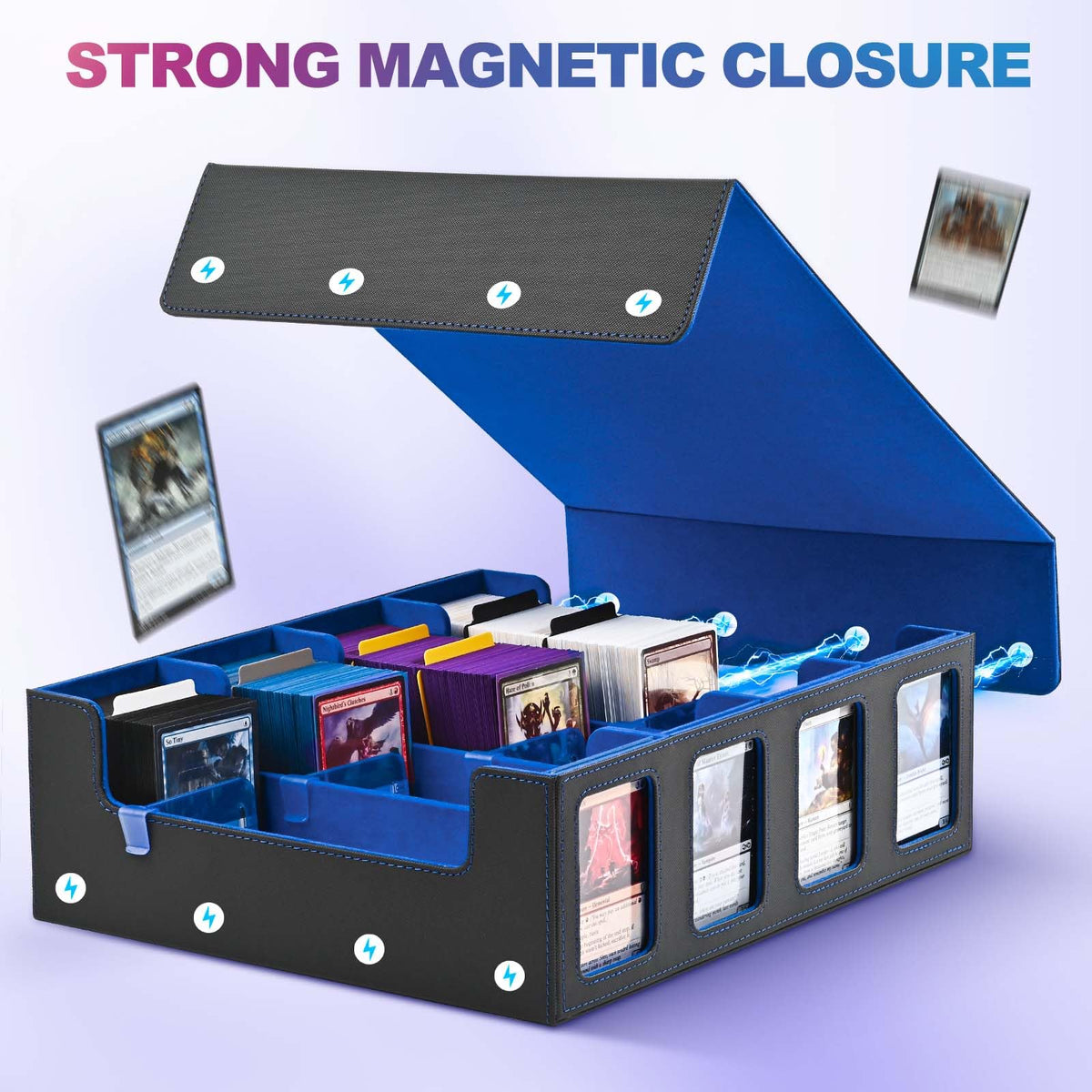 Capacious 4-row design holds 640+ top loaders, 1300+ double-sleeved, or 3000+ sleeveless cards.