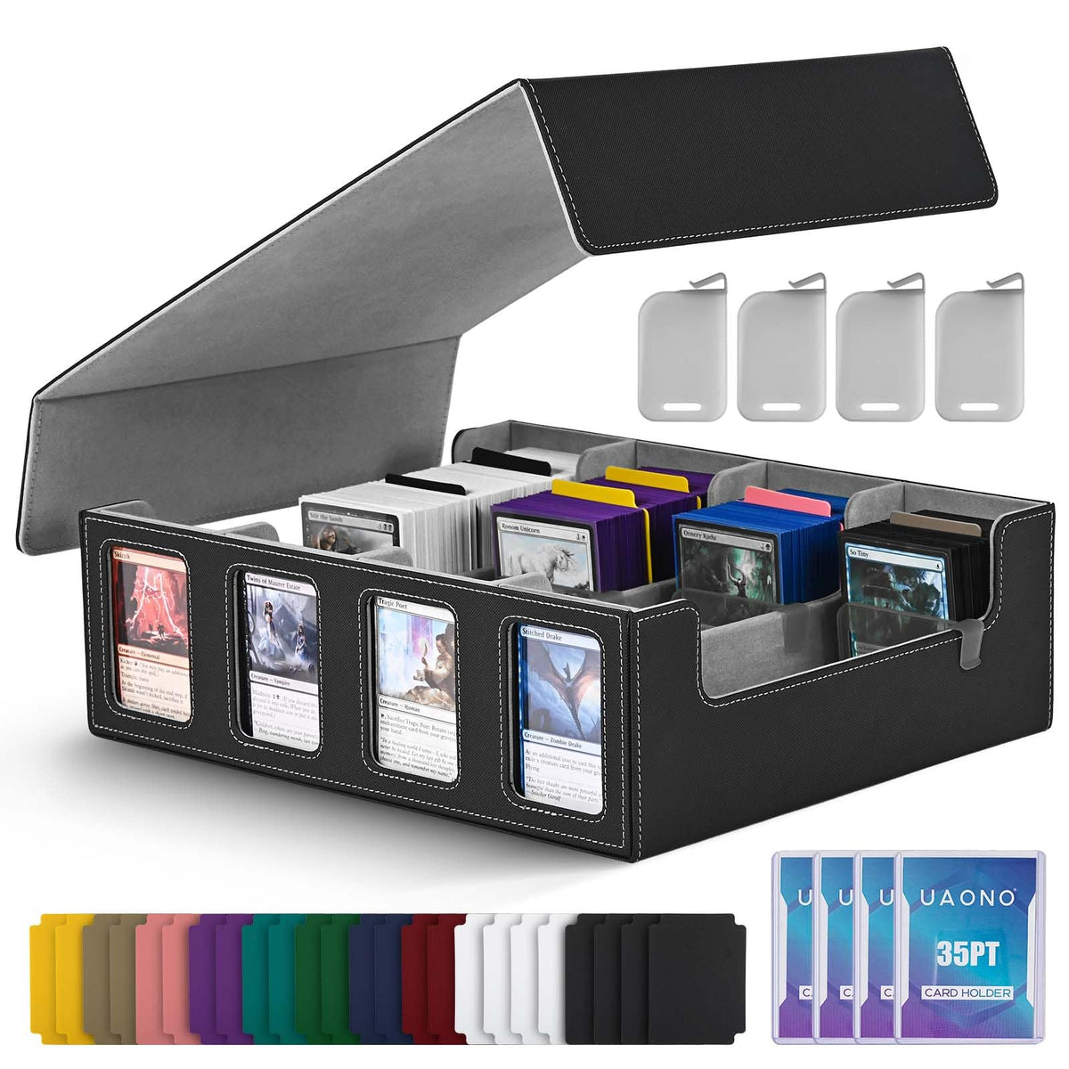 UAONO trading card storage box showing commander display slots for favorite decks