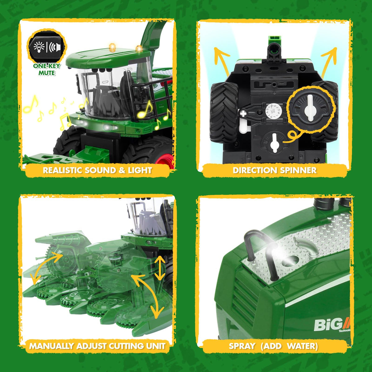 Uarzt harvester with interchangeable heads for varied farming scenes.