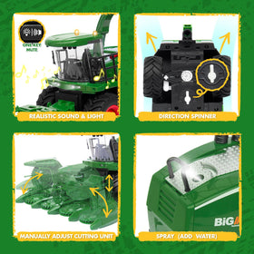 Uarzt harvester with interchangeable heads for varied farming scenes.
