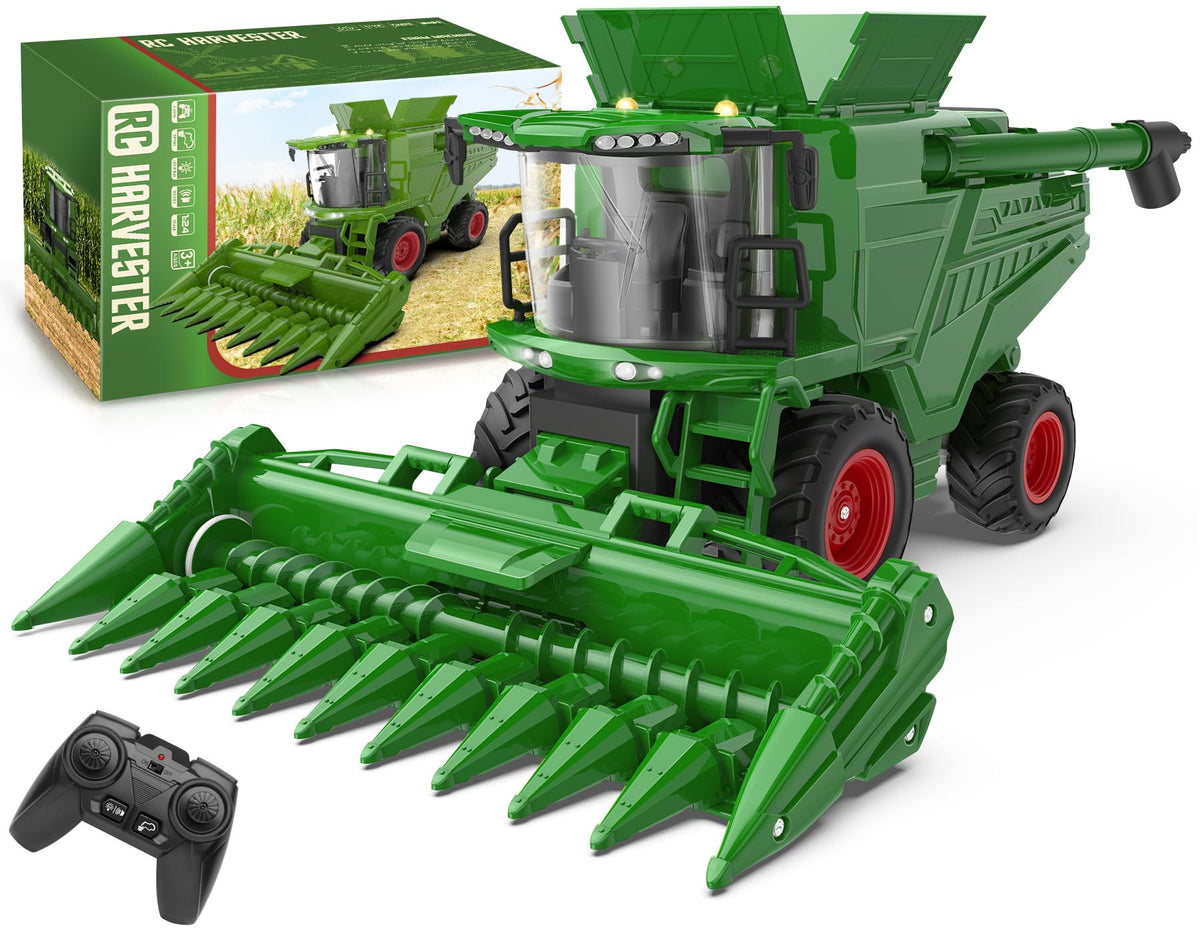 Uarzt remote control combine harvester toy with moving corn head for realistic farm play.