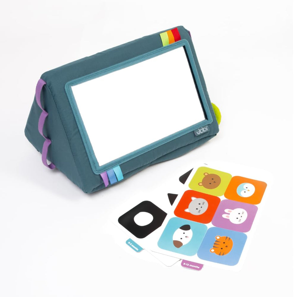 Ubbi Mirror Me Cube mirror side promotes self-recognition during tummy time and play