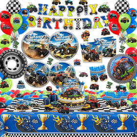 UBGKCJSJ monster truck birthday decorations set laid out for a coordinated celebration and easy setup