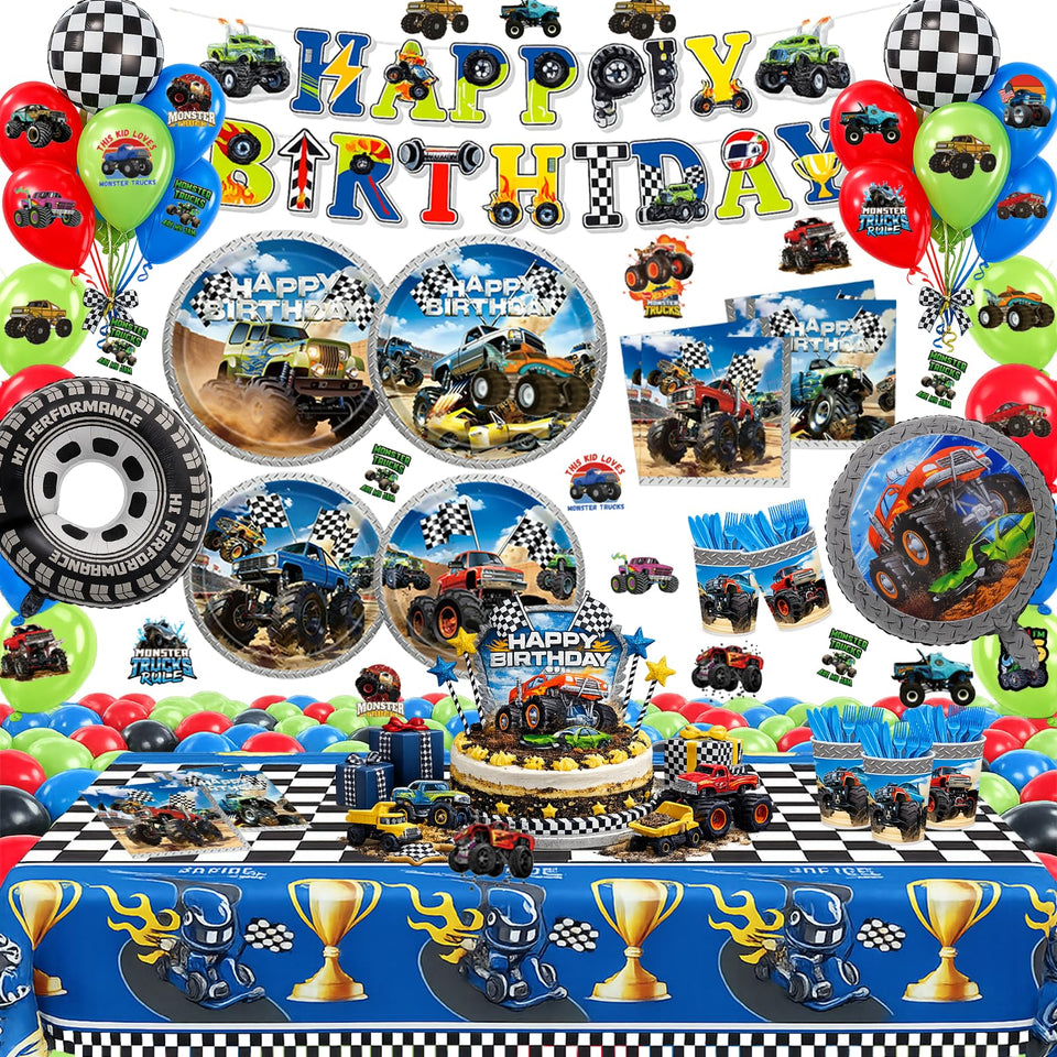 UBGKCJSJ monster truck birthday decorations set laid out for a coordinated celebration and easy setup