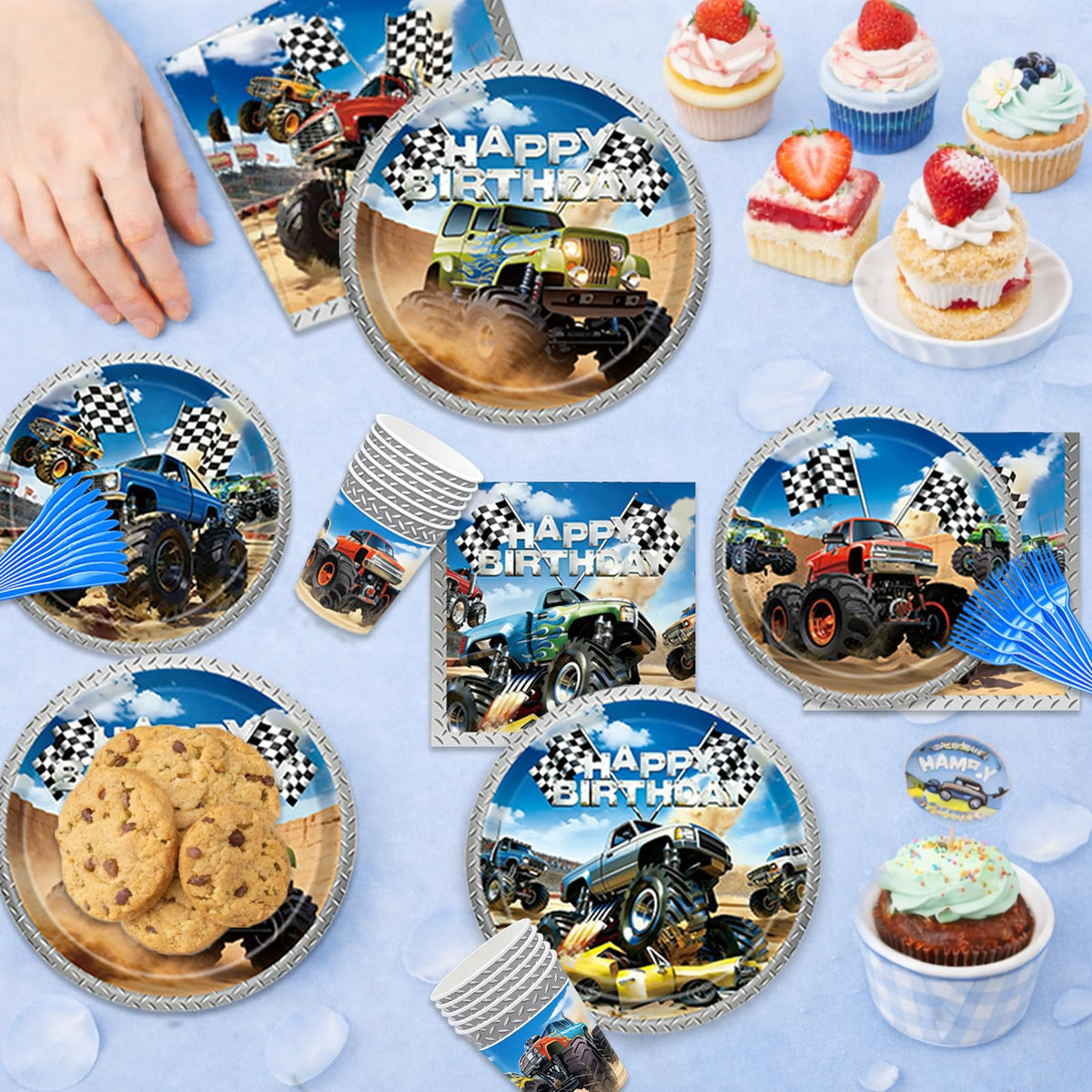 UBGKCJSJ monster truck cups and napkins offer convenient, cohesive serving for a bold party