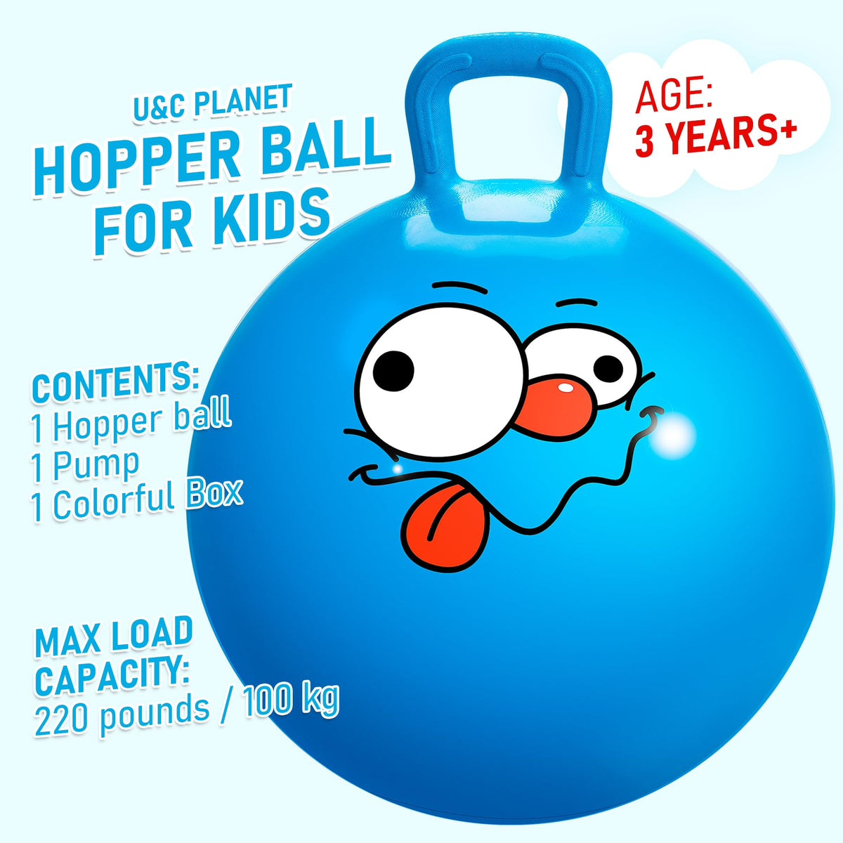 Blue hopper ball with handle for secure grip during bouncing