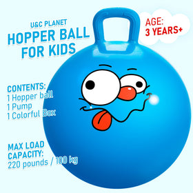 Blue hopper ball with handle for secure grip during bouncing