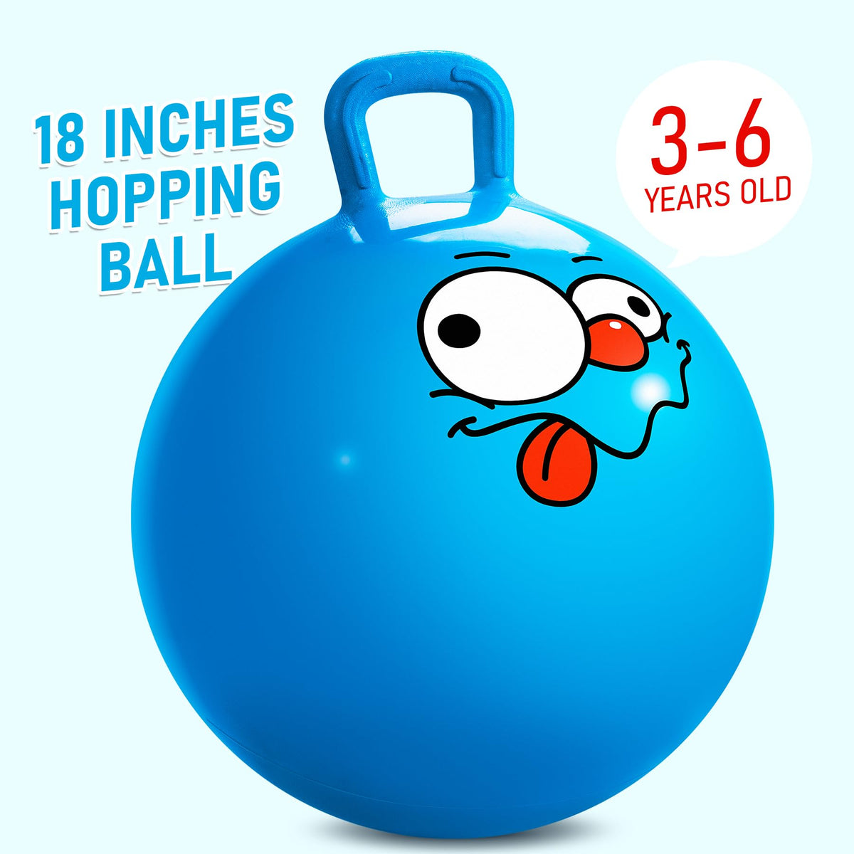 Kids bouncing on blue hopper ball indoors and outdoors for active play