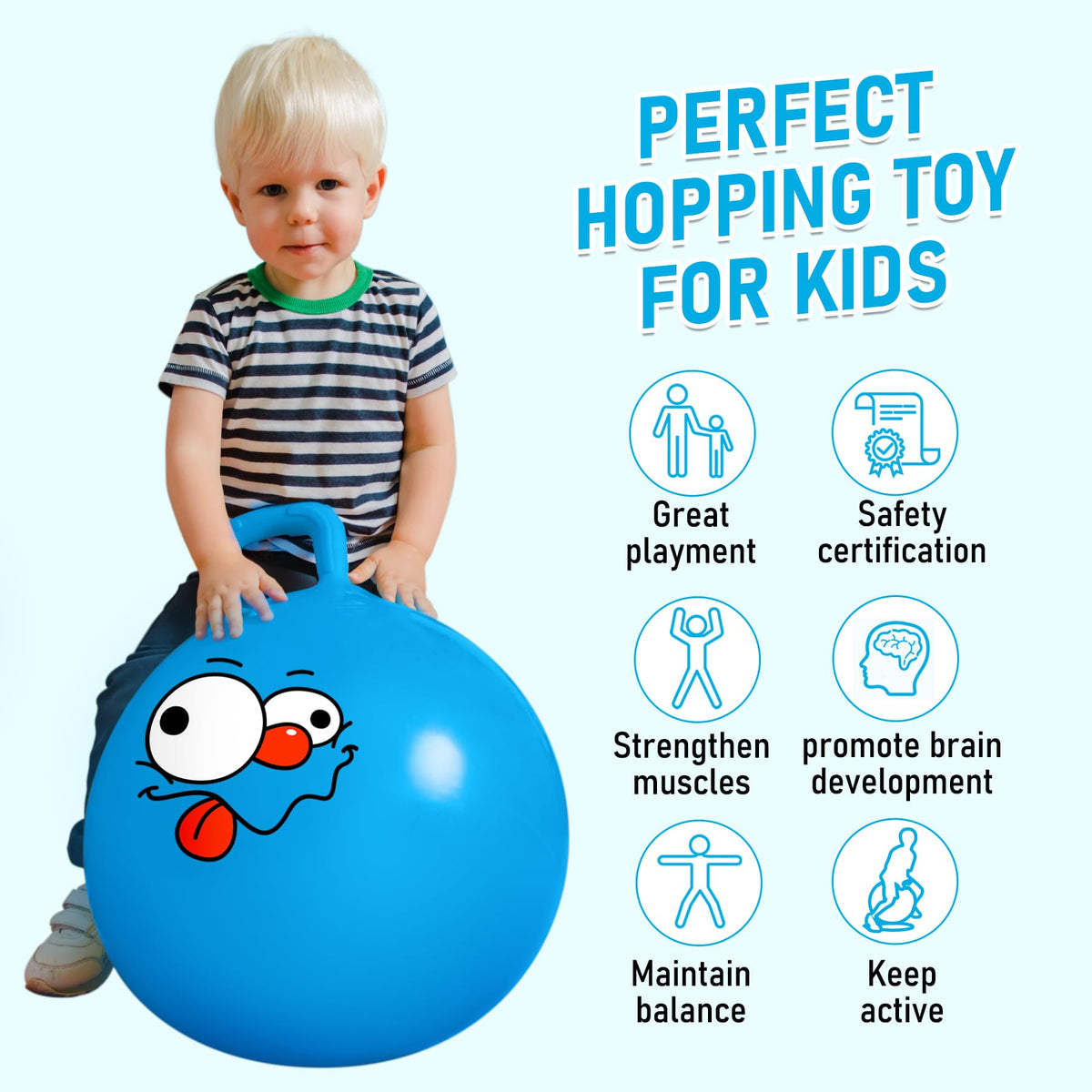 Non-slip bottom on blue hopper ball helps prevent slips