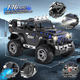 UCAI 1:16 RC car lights on during movement for night play.