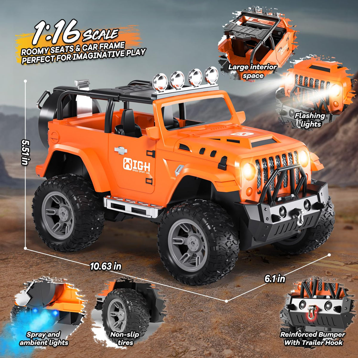 UCAI 1:16 RC car off-road tires grip grass, sand, and rocks for versatile driving.
