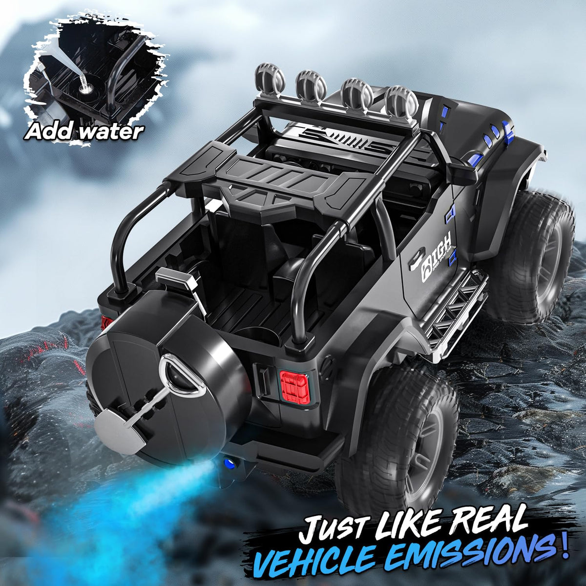 UCAI 1:16 RC car rear spray feature with mist exhaust effect.