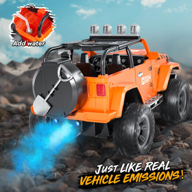 UCAI 1:16 RC car rear spray feature demonstrates mist exhaust and blue flame visualization.
