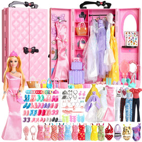 UCanaan doll wardrobe closet set keeps outfits neatly organized for easy cleanup