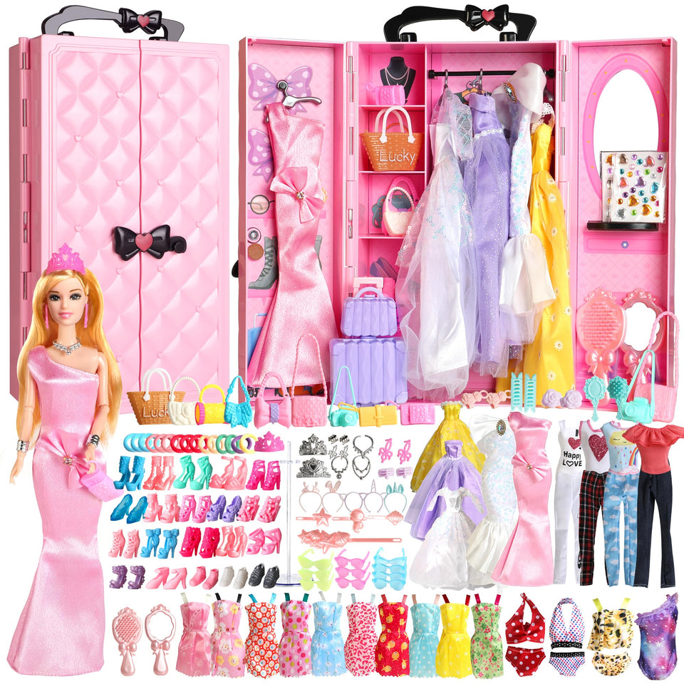 UCanaan doll wardrobe closet set keeps outfits neatly organized for easy cleanup