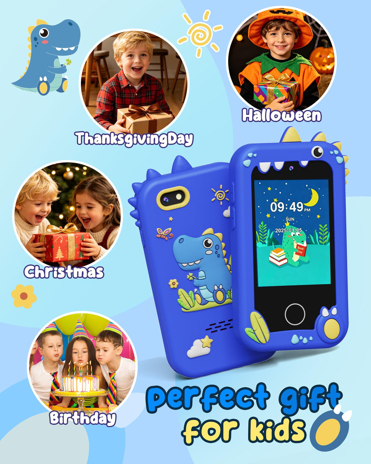 UCIDCI Kids Smart Phone Blue contents shown: device, SD card, charger, manual