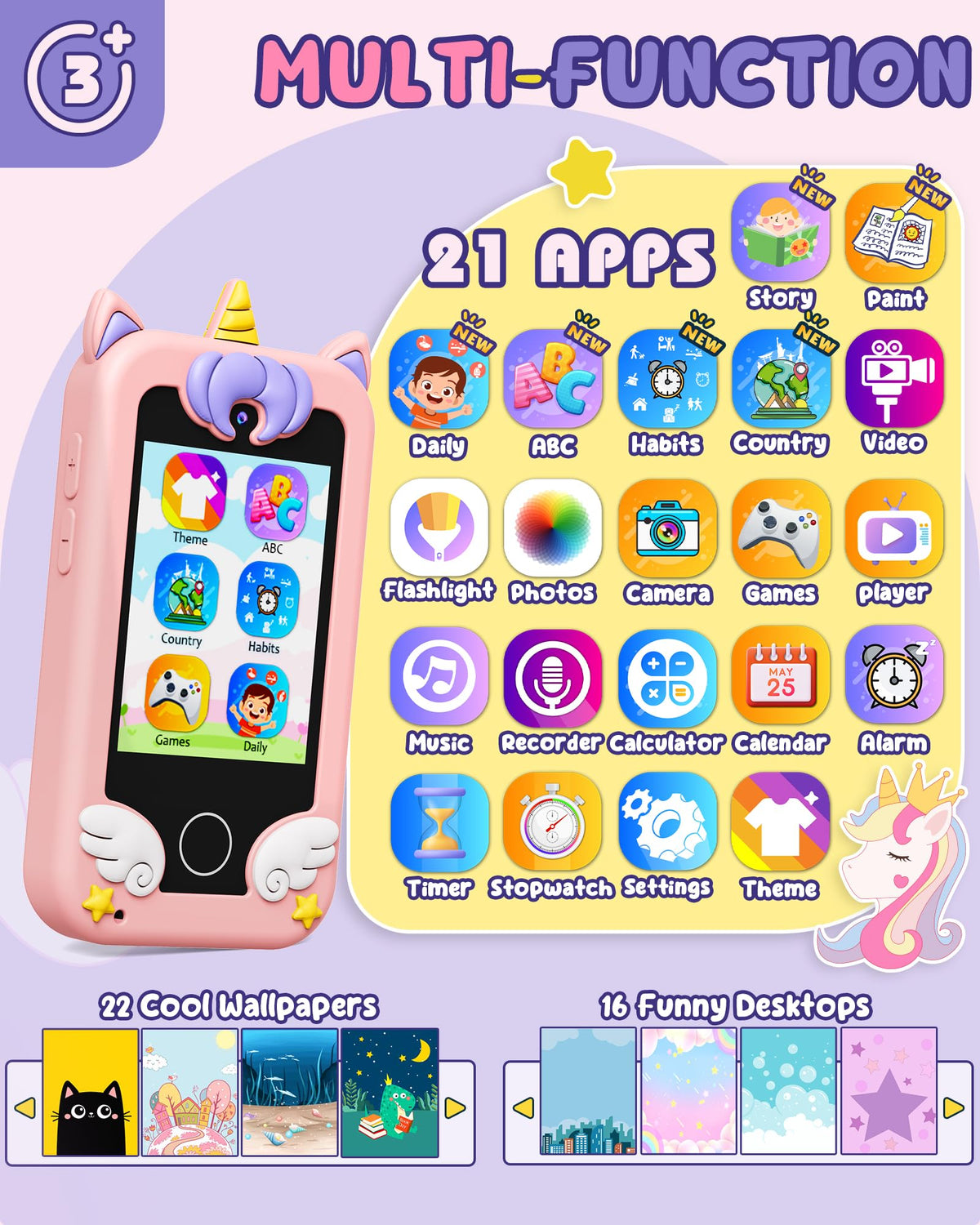 UCIDCI Unicorn Kids Smart Phone dual cameras capture toy photos and videos for kids