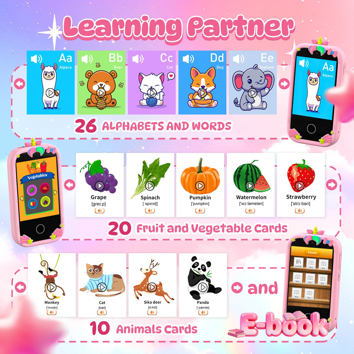 Uckqui Kids Smart Phone 2.8-inch screen suits tiny fingers for touch activity.