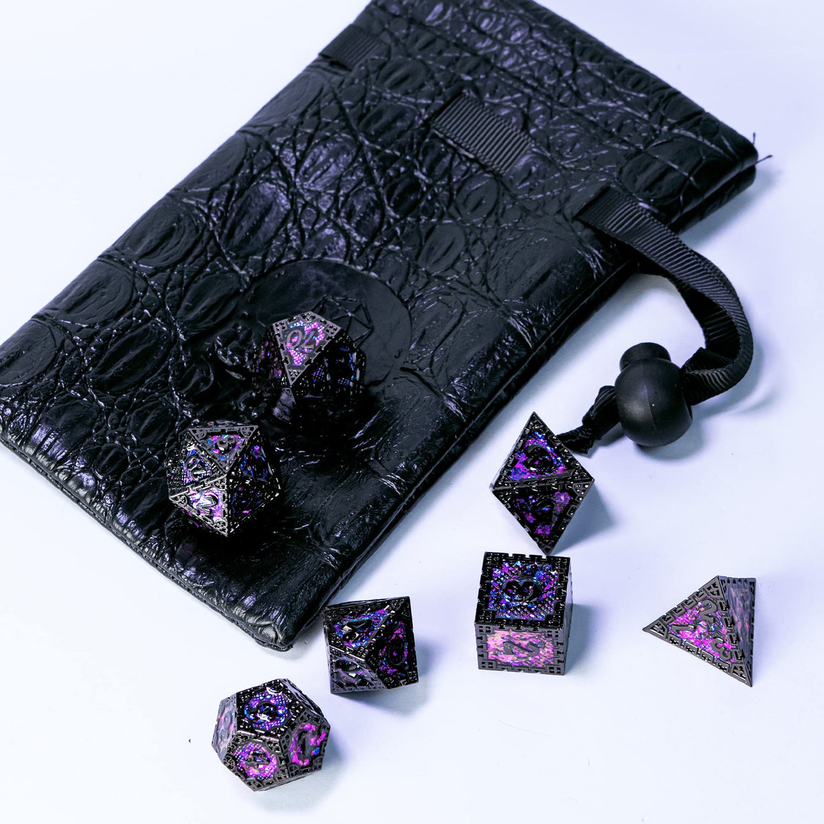 UDIXI metal DND D20 dice with purple sequins, dramatic game moments.