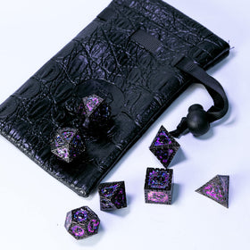 UDIXI metal DND D20 dice with purple sequins, dramatic game moments.