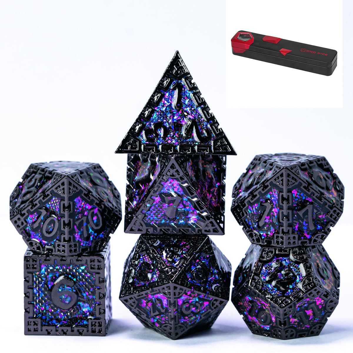 UDIXI metal DND D4 dice with purple sequins, balanced weight for confident rolls.