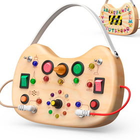 UdoUto Montessori busy board with LED switches for on-the-go toddler play