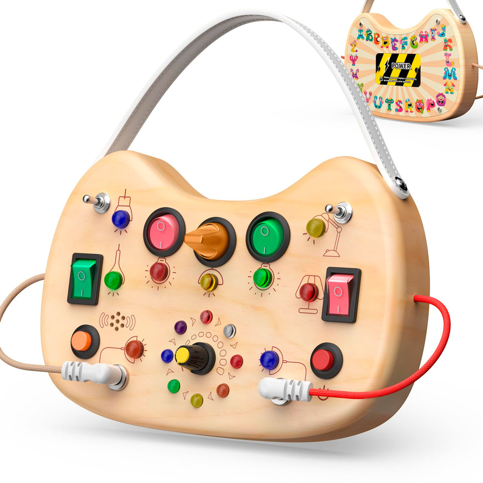 UdoUto Montessori busy board with LED switches for on-the-go toddler play