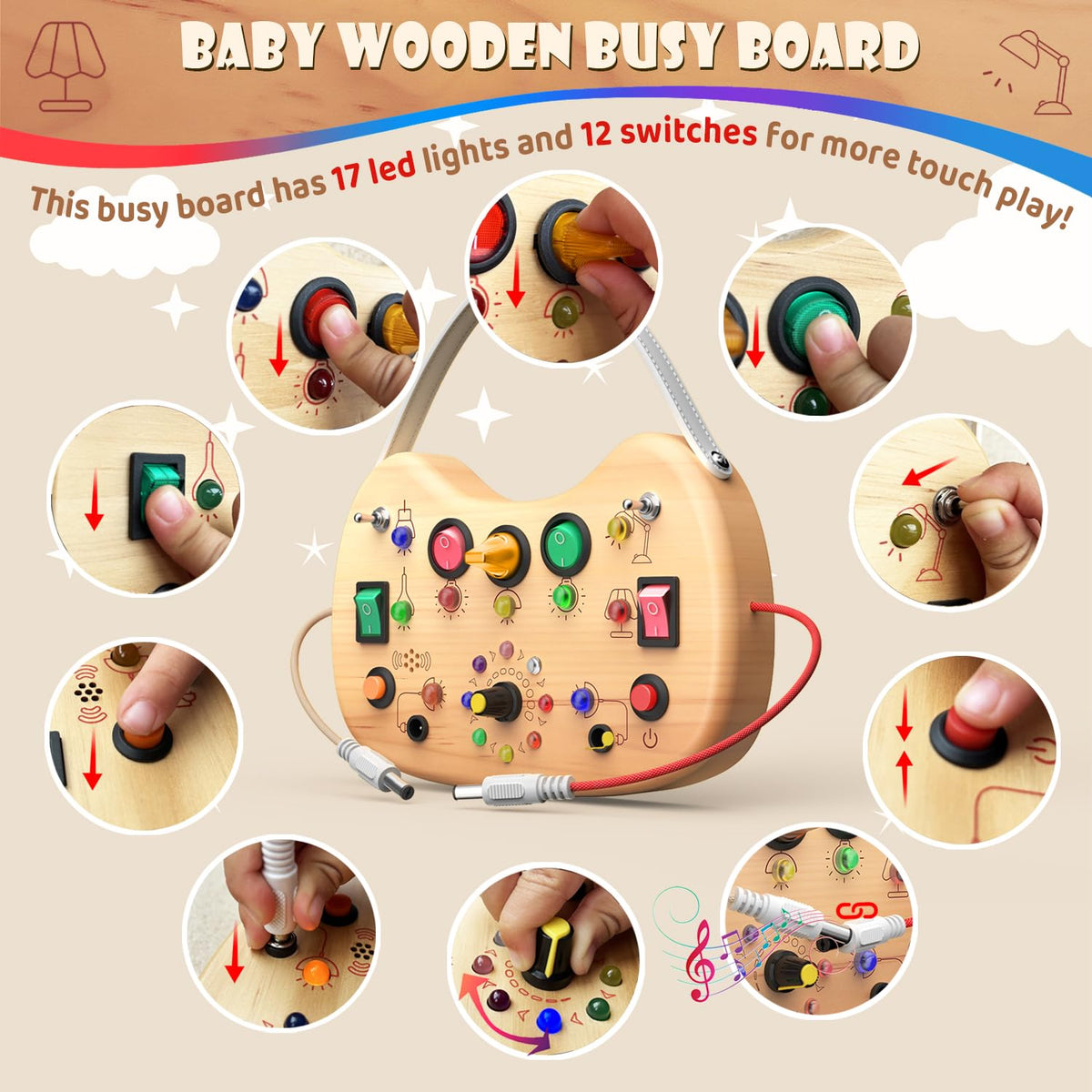 UdoUto travel-friendly busy board with leather handle for easy portability