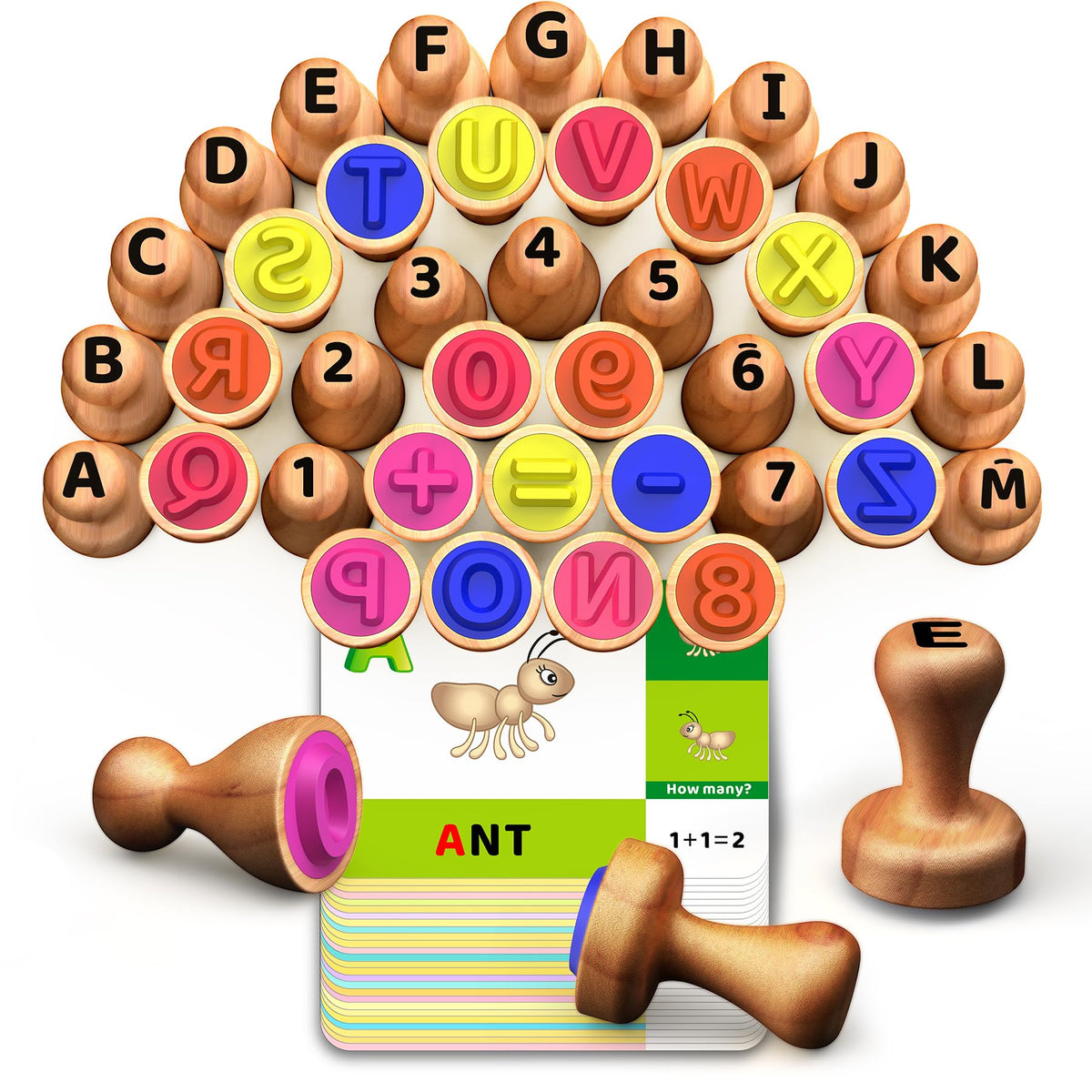 UdoUto wooden alphabet stamps for kids, easy-grip letters for learning ABC.