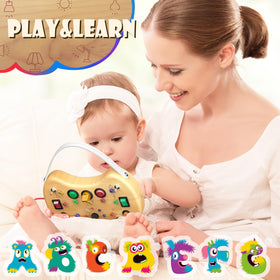 UdoUto wooden busy board shows letters on one side for language play