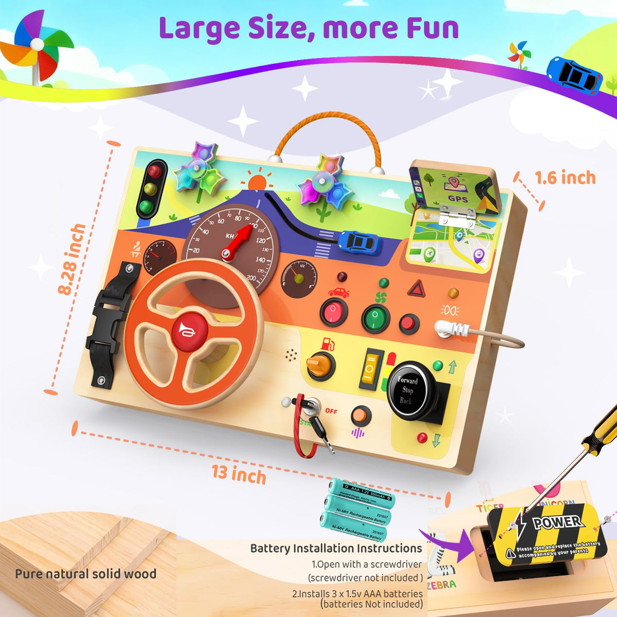 UdoUto busy board with LED light switches for engaging visual tracking during play.
