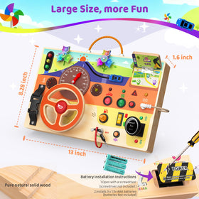 UdoUto busy board with LED light switches for engaging visual tracking during play.