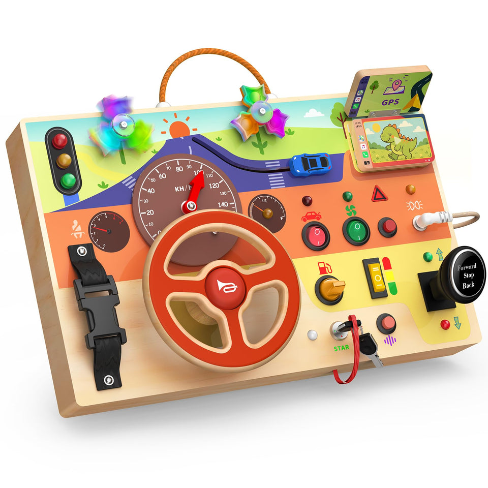 UdoUto Montessori Busy Board with steering wheel enhances fine motor skills and sensory play.