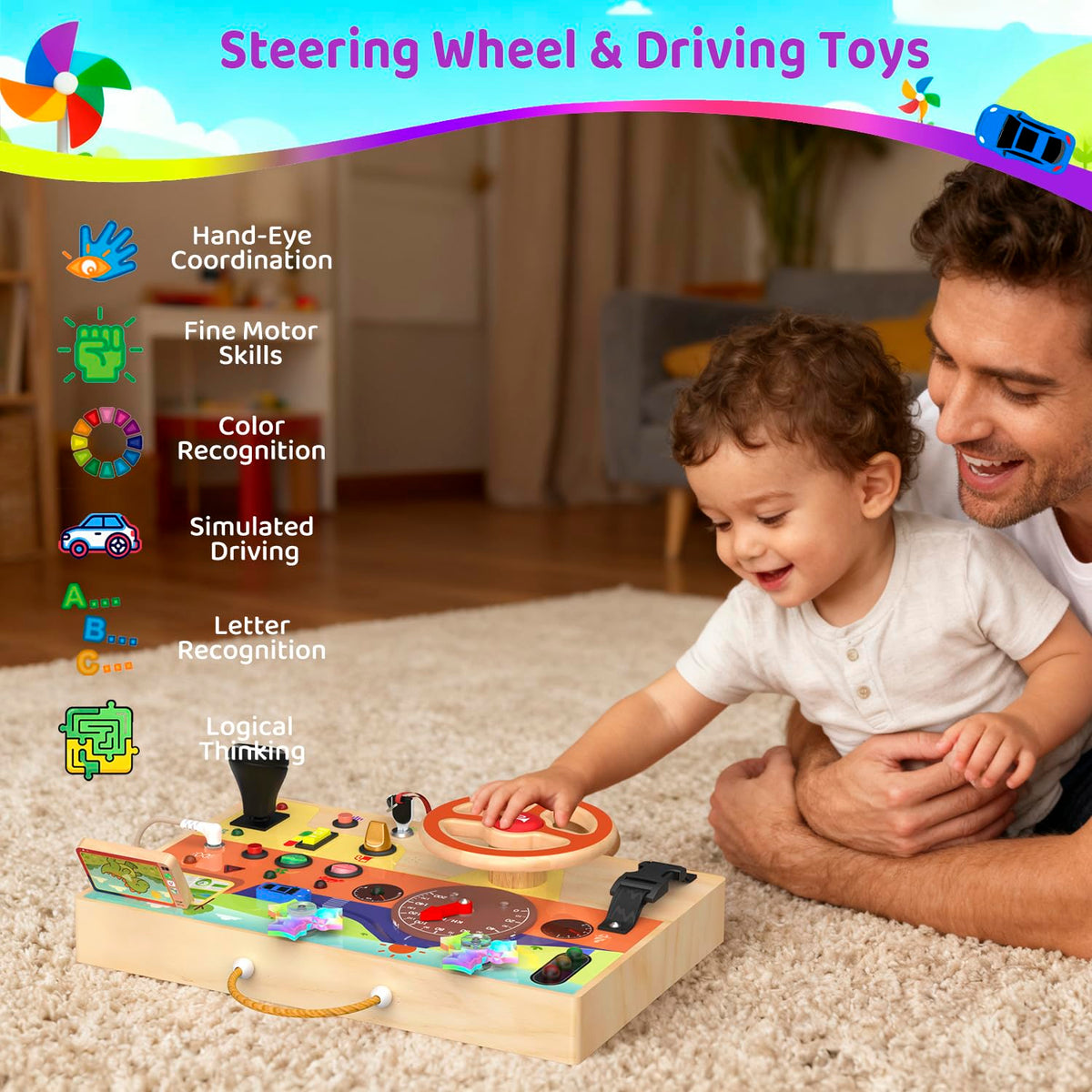 UdoUto busy board featuring a reversible GPS map for guided pretend trips.