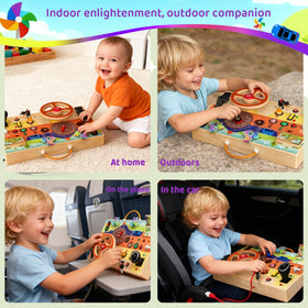 UdoUto car-themed busy board includes a seatbelt buckle for interactive dressing and fastening.