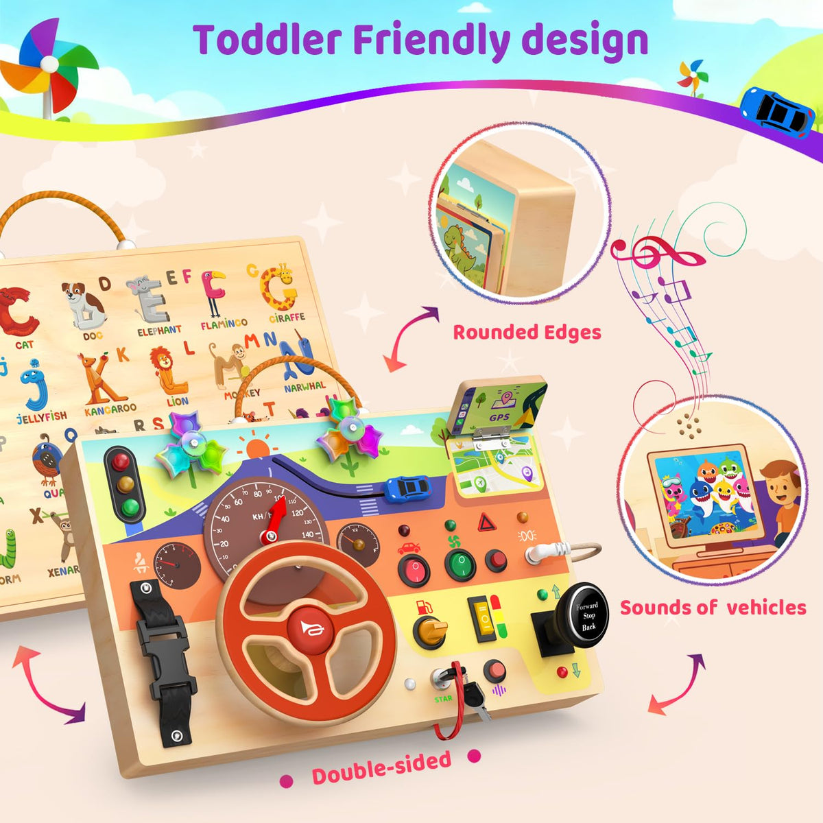 UdoUto busy board with track slider for dexterity practice and sequencing.