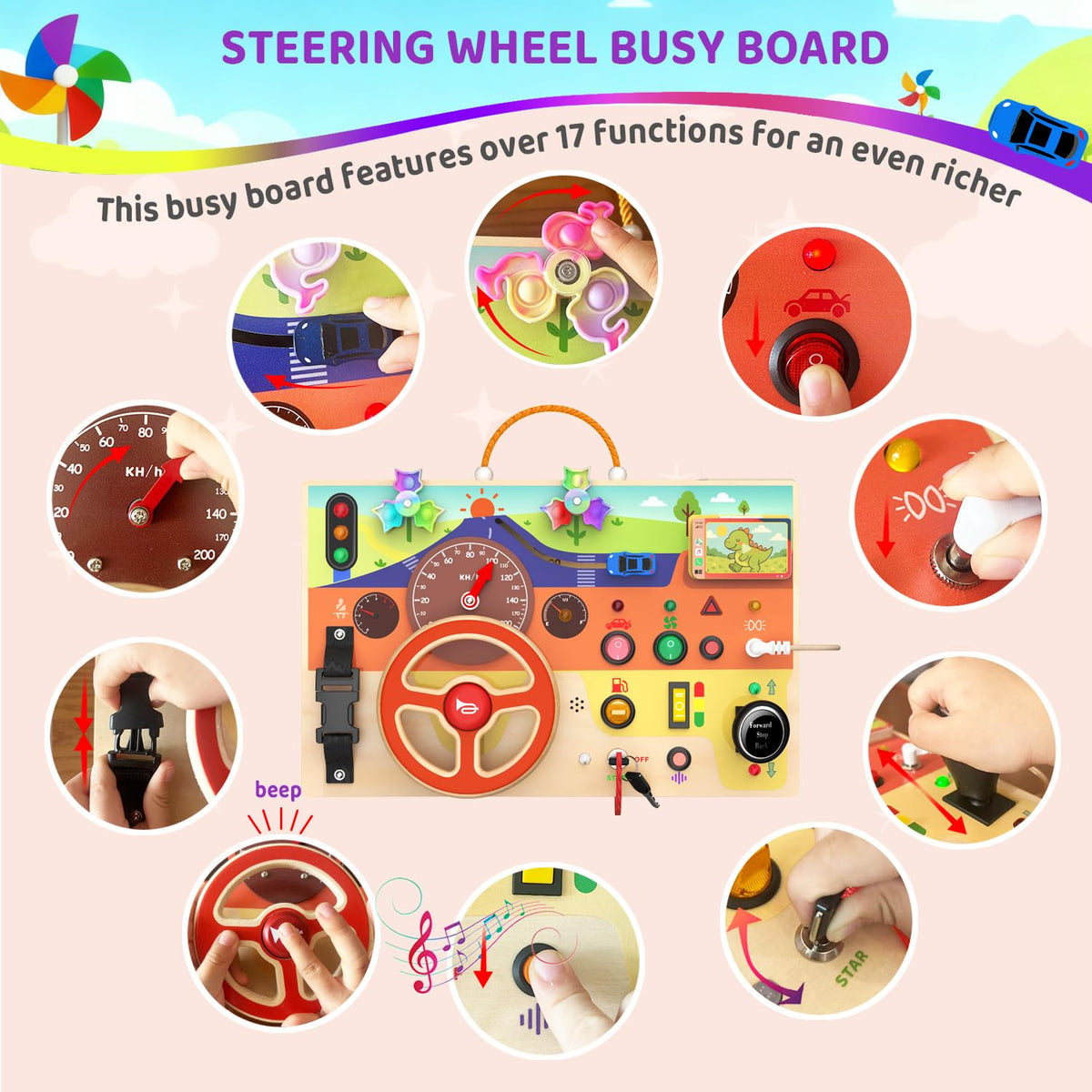 UdoUto travel-friendly busy board with carry handle for on-the-go fun and learning.