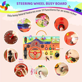 UdoUto travel-friendly busy board with carry handle for on-the-go fun and learning.