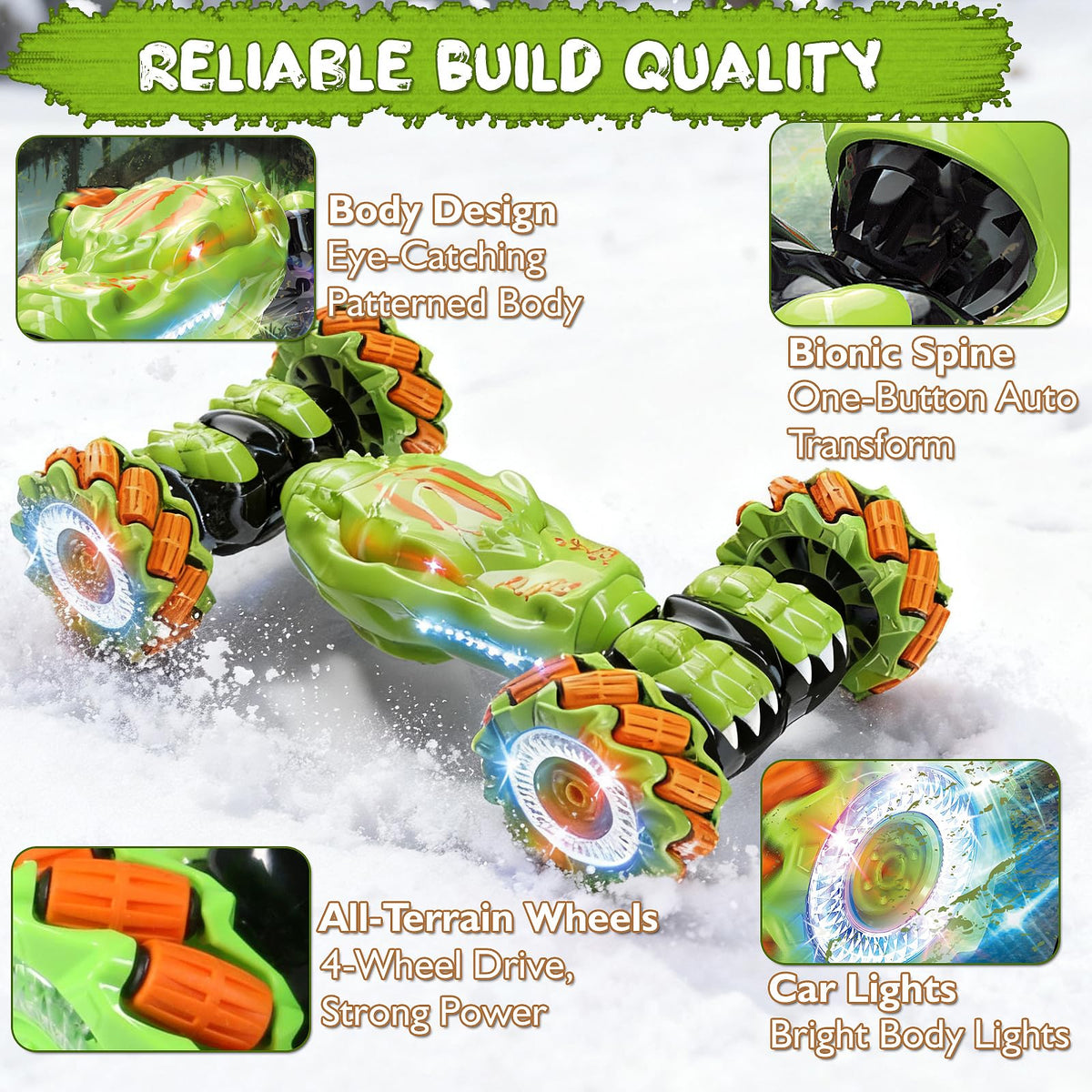 Ufilni car on indoor floors and outdoor surfaces for versatile fun.