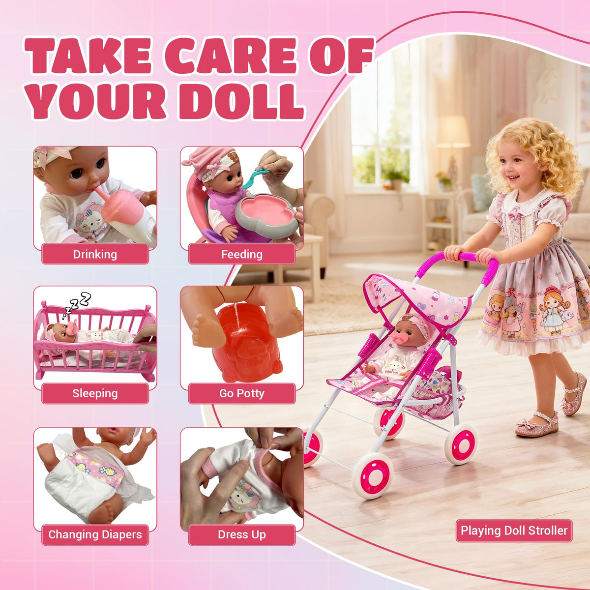 UFLJPKS interactive baby doll eyes open and close for lifelike play.