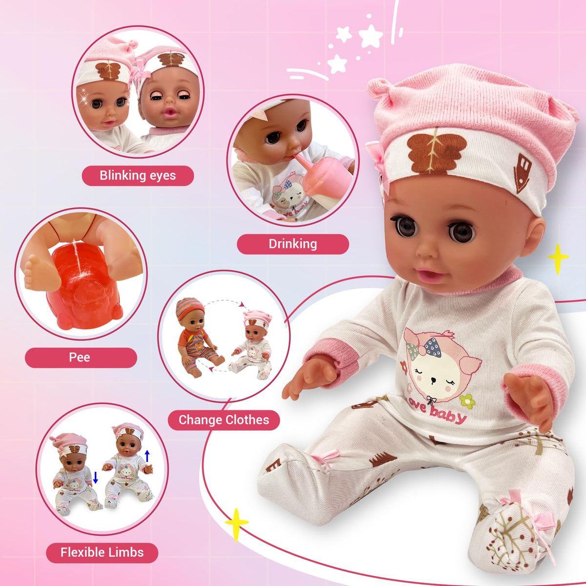 UFLJPKS baby doll pacifier included for feeding pretend play.
