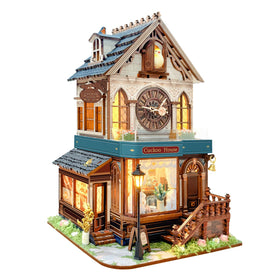 UFLJPKS DIY miniature house kit shows intricate laser-cut wood panels.